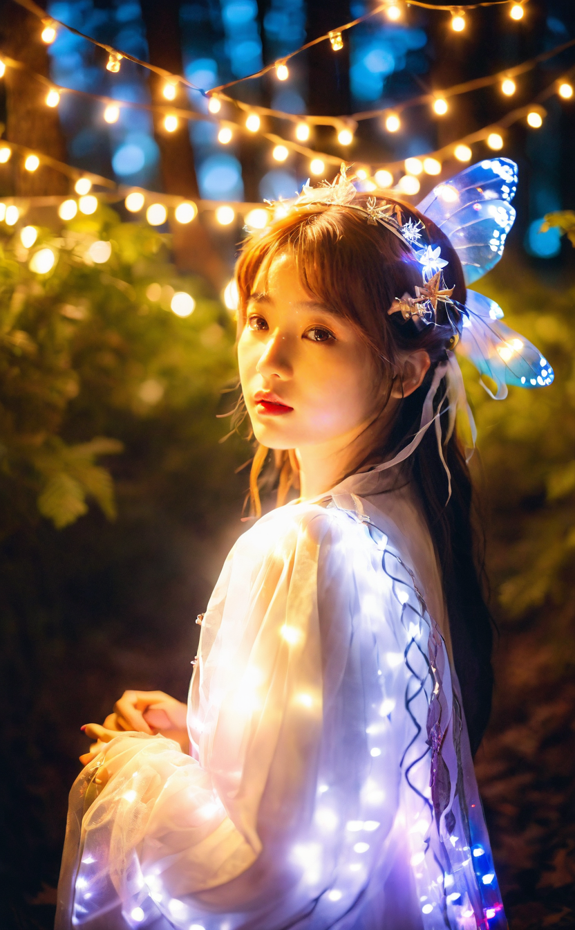 04736-3489616887-mugglelight,a Korean girl in a fairy costume surrounded by twinkling lights in a woodland setting,1girl,solo,fairy costume,woods.png